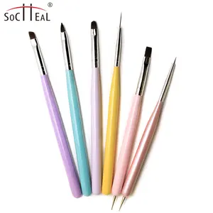 Soclleal Wholesale 6pcs Nylon Hair Nail Art Sets Wood Rod Gel Oval Flat Oblique UV Brush 3D Carving Point Drill Pen