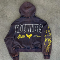 Kualitas tinggi Streetwear hitam tebal penuh Zip up asam katun murni dicuci Vintage tebal layar cetakan kebesaran cuci pria Hoodie