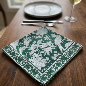 Serviettes en coton réutilisables écologiques, imprimées à la main, motif floral vert fusil, bordées carrées, 20x20, personnalisables, pour mariage - Product Image 2