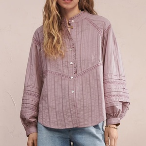 เสื้อลูกไม้ติดกระดุมแบบใหม่สำหรับผู้หญิง แขนยาว คอระบาย ผ้าลินิน - Product Image 1