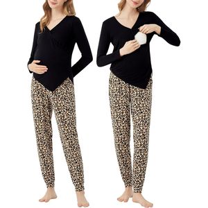 Conjunto de Pijama de Maternidad y Lactancia de Manga Larga con Estampado de Leopardo, Marca Privada Personalizada, Dos Piezas, Tejido Suave - Product Image 1