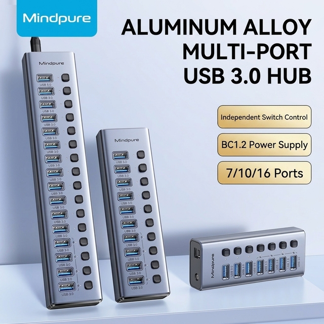 Mindpure 16 Port USB Hub 3.0 Powered Industrial Aluminum Alloy Extension Hub Individual Switches BC1.2 Fast Charging Power Stock