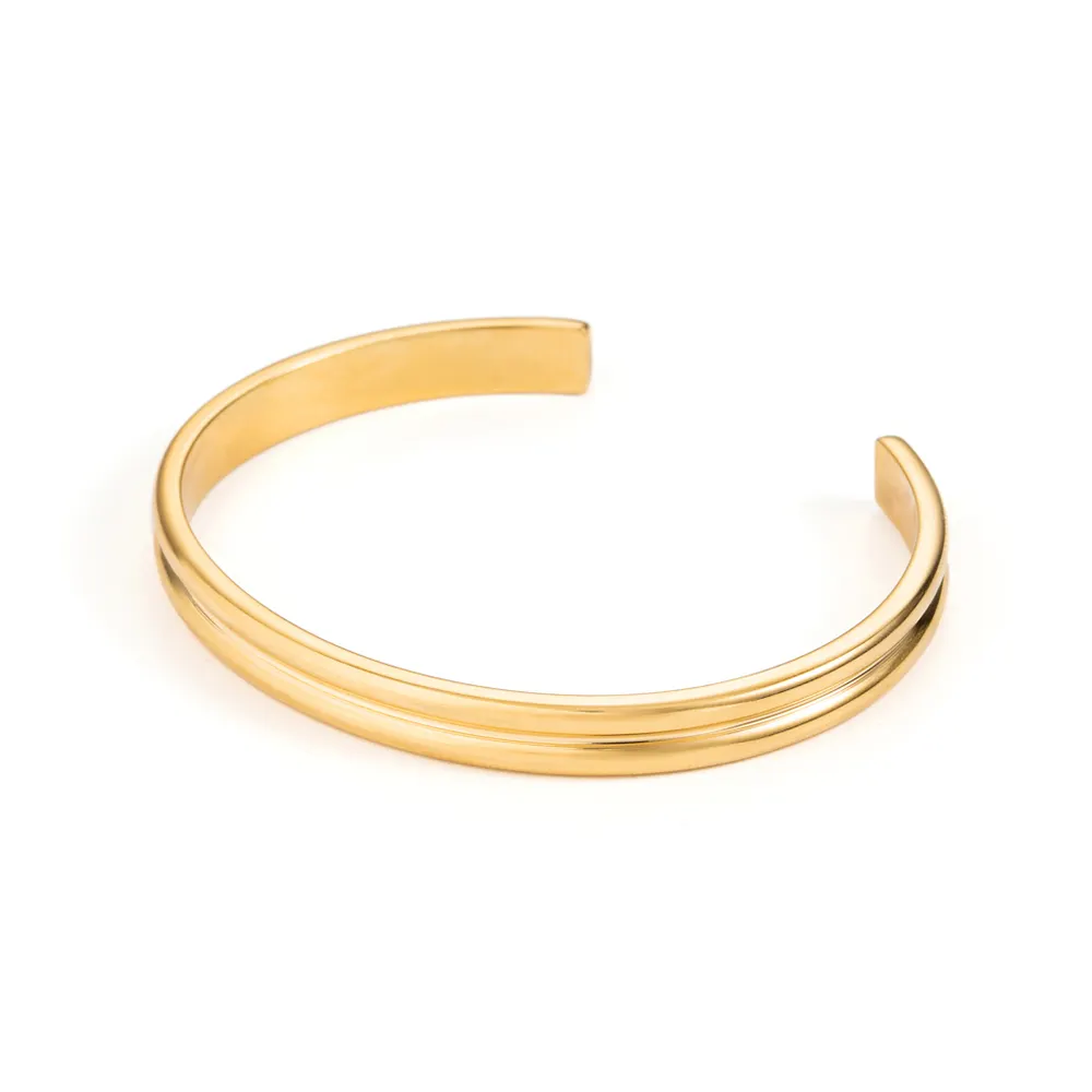 Custom Simple Personalized Jewelry 18K Gold Ribbed Stainless Steel Open Bangle