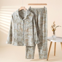 Nouvel ensemble de pyjama pour femme en pur coton, jacquard teint en fil, imprimé floral, col à revers, manches longues, pantalon – Simple, respirant, pour la détente