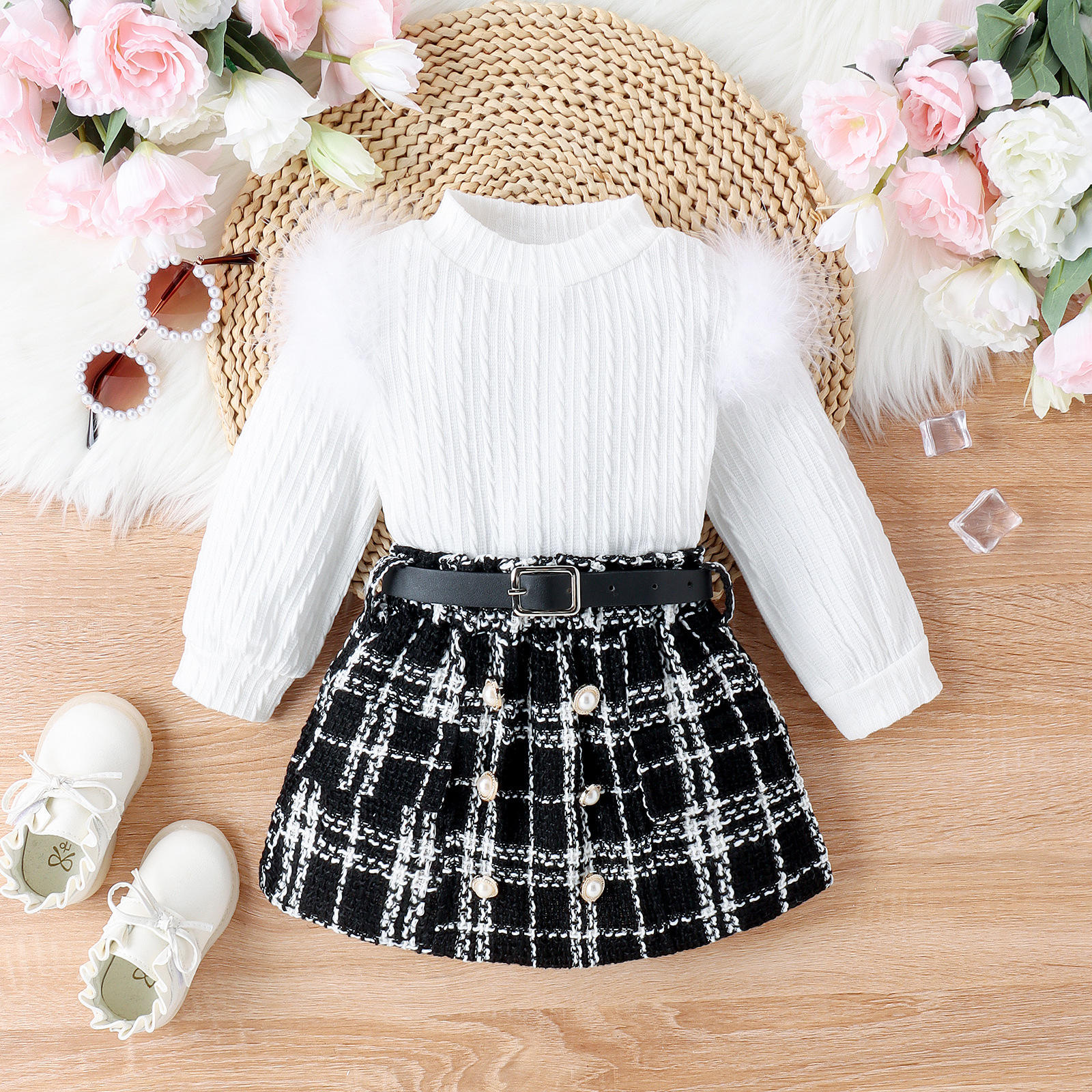 2023 Toddler Girl Clothes Fur Sleeve Sweater Plaid Skirt