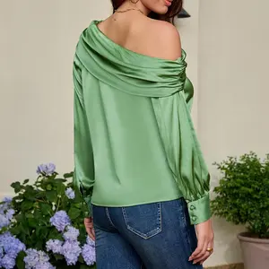 Women Long Sleeved Green Satin Shirt 2023 New Style Sleeve Off The Shoulder Blouse Elegant Evening Party Tops