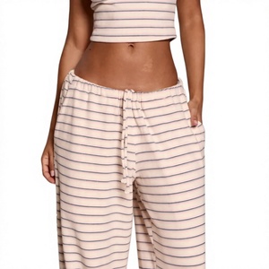 Custom Logo Women's Striped Printed Oversized Wide Leg Flare Pants & Cropped Short Sleeve T-Shirt Set Poly/Cotton 240 GSM Knit - Product Image 5