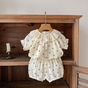 Nuovo Set Estivo 2026 per Bambine: Top in Cotone con Stampa Cuori e Colletto in Pizzo + Pantaloncini, <span class=keywords><strong>Completo</strong></span> Due Pezzi a Maniche Corte - Product Image 3