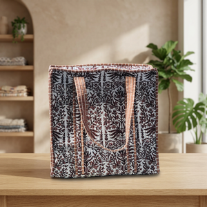 Bolso Tote de Algodón con Diseño Floral Bohemio, Asas a Rayas, Cierre de Cremallera, Gran Capacidad, Diseño Acolchado, Moda para Todas las Temporadas - Product Image 4