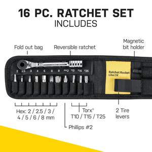 Kit d'outils d'entretien et de réparation de vélo à cliquet Rocket Lite DX à 16 fonctions avec sac en nylon de couleur noire - Product Image 6