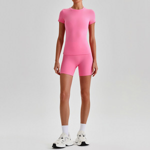 <span class=keywords><strong>Ensemble</strong></span> de yoga 2 pièces sans couture pour femmes, 20 couleurs unies, été, respirant, t-shirt à manches courtes, short taille haute, tenue de sport Y2K pour adolescentes - Product Image 2
