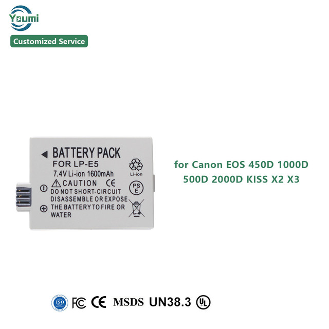 Rechargeable Li-ion Battery LP-E5  Battery for Generic Canon EOS 450D 1000D 500D 2000D KISS X2 X3 7.4V 1600MAH Battery