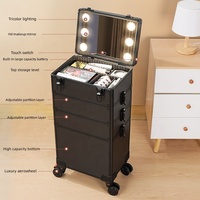 Logo personnalisé lumineux organisateur de voyage noir rose cosmétique en cuir PU miroir boîte sac voyage LED maquillage miroir boîte
