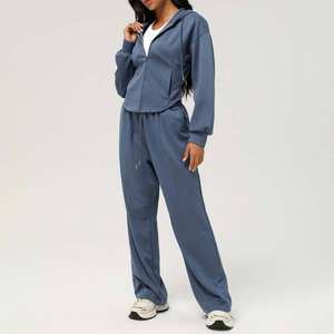 260gsm女休闲宽松轻便透气拉链长袖连帽外套健身跑步二件套运动服 - Product Image 1