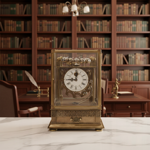 Horloge à balancier à gravité avec cadran en porcelaine, boîtier en laiton antique, plateforme visible, avec base à tiroir, sans remontage - Product Image 1
