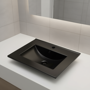 Lavabo de Baño de Cerámica Rectangular Sobre Encimera, Diseño Minimalista de un Solo Orificio, 25-30 Pulgadas, Acabado Negro - Product Image 2