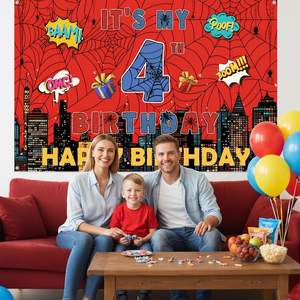 Telón de Fondo para Cumpleaños Número 4 con Diseño de Telaraña Roja, Decoración para Fiesta de Cumpleaños, Fondo para Fotos en Rojo y Azul - Product Image 4