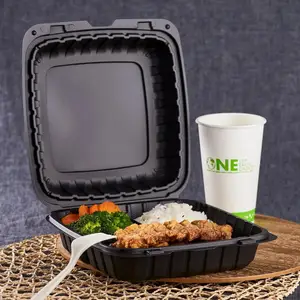 Wadah makanan untuk pergi 9X9 disesuaikan Stackable microwave plastik persegi wadah makanan untuk restoran 3 bagian wadah makanan
