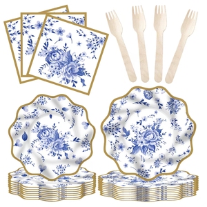 Damai ถ้วยกระดาษสำหรับงานเลี้ยงน้ำชาแบบใช้แล้วทิ้งอุปกรณ์สำหรับใช้ในงานเลี้ยงน้ำชาลายดอกไม้สีฟ้า - Product Image 1