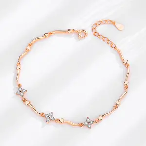 Rhodium Plated 925 Sterling Silver Rose Gold Lucky 4 Leaf Clover Charm Bracelet S925 Gift Jewelry Set For Women