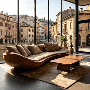 Divano con telaio in fibra di vetro rivestito in simil legno, con struttura a onda, in lino beige, per una moderna residenza con vista sul <span class=keywords><strong>montagna</strong></span> - Product Image 3