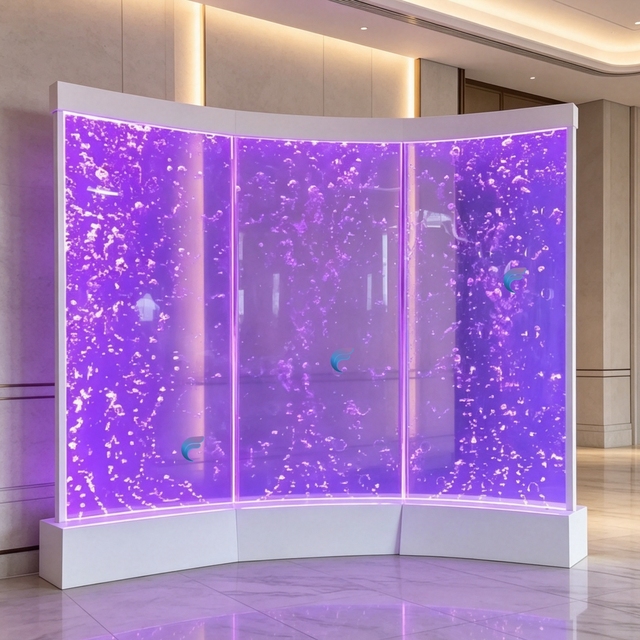 Modern Acrylic Curved Room Divider With LED Water Bubble Effect Translucent Screen Partition 3 Panels Fixed Frame Structure