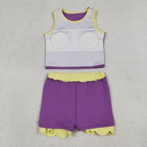 Conjunto de dos piezas para niñas pequeñas, color morado y amarillo, top corto sin mangas con pantalones cortos incorporados, conjunto deportivo de verano - Product Image 3