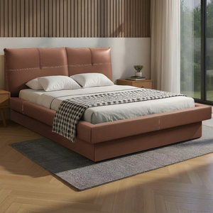 Modern Upholstered Solid Teak Wood <b>Bed</b> Frame <b>Queen</b> Size Faux Leather Soft <b>Bed</b> <b>with</b> Quilted Headboard and Footboard - Product Image 1