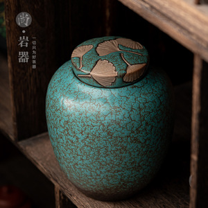 Recipiente de cerámica azul cielo esmaltado para té, tapa redonda de madera, frasco de almacenamiento hermético para té Pu'er - Product Image 4