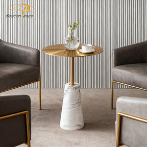 Mesa de Centro Moderna con Base de Mármol, Mesas de Restaurante y Cafetería, Mesa Auxiliar Redonda Pequeña con Superficie de Metal Dorado - Product Image 3