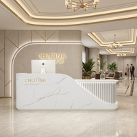 Comptoir de réception incurvé moderne Shinestone sur mesure en laque circulaire pour bureau artistique, salon, clinique médicale, coworking, hall d'entrée