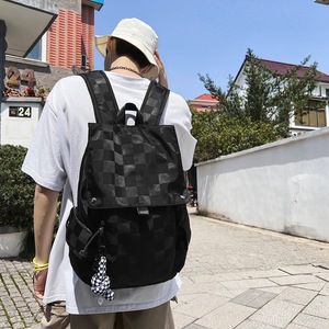 Casual Korean Style Flip Top Student Laptop <b>Backpack</b> <b>Large</b> Capacity Checkered Pattern Trendy Everyday Use Nylon Material - Product Image 2