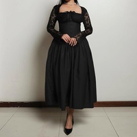 Robes mi-longues pour femmes, col carré, dentelle, manches longues, taille cintrée, couleur unie, tendance