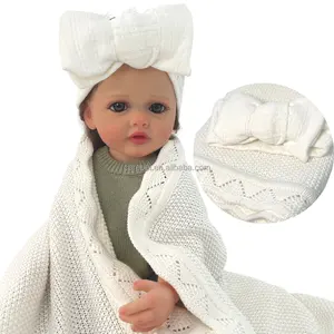 Conjunto de manta de punto y Diadema blanca pura para cochecito de bebé, manta de punto con cuello de flores, manta de punto de algodón