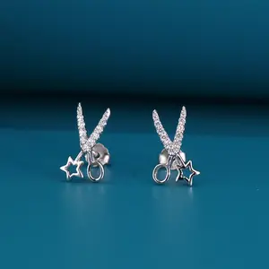 Women Fine Jewelry Custom 925 Sterling Silver Rhodium Plated Zircon Star Scissors Stud Earrings