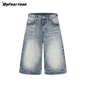 Pantalones Cortos Vaqueros Americanos Retro Personalizados, Lavados, Azules, Estilo Urbano, Vintage, Rectos, Desgastados, Blanqueados y con Efecto Desgastado - Product Image 2