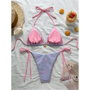 FOXA Women's 2 Piece Halter <b>Bikini</b> <b>Set</b> Floral Textured Tie Side <b>Triangle</b> Swimwear Vacation Outfits - Product Image 3
