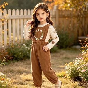 Set di Tuta <span class=keywords><strong>in</strong></span> Velluto a Coste con Ricamo Floreale per Bambine, Top a Maglia a Maniche Lunghe, 2 Pezzi, Abbigliamento Casual Autunnale per Uso Quotidiano - Product Image 1