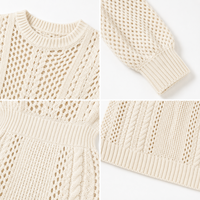 Robes Courtes Moulantes Femme en Maille Câblée Creuse Couleur Ivoire à Col Rond et Manches Lanterne avec Taille Cintrée – Vente en Gros