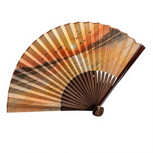 Éventail pliant en bambou de 33 cm, motif artistique Coucher de soleil, fait main, éventail à claquettes, paysage doré, souvenir cadeau - Product Image 1