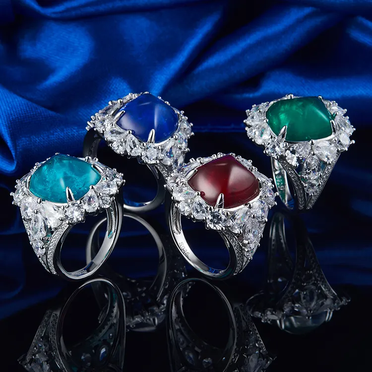 लक्जरी गहने चांदी 925 जिक्रोन सिमुलेशन हीरे की अंगूठी ग्रीन पन्ना ब्लू Spahhire Paraiba रूबी रत्न की अंगूठी