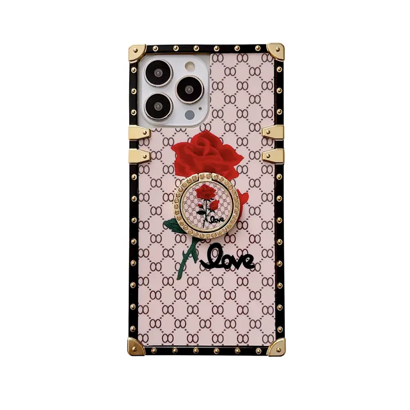 Square design Rose flower case for iPhone 14 14 ProMax, For Samsung Galaxy S23 Mirror case with ring stand