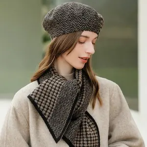 New Arrivals Plaid Patchwork Cashmere Beret Hat And Scarf Set, Pure Cashmere Warm Thermal Hat And Scarf