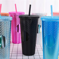 En stock: Taza de plástico AS de gran capacidad, de doble pared, colorida, con diseño de durian, a prueba de fugas, con rejilla para durian, con tapa y pajita, con diseño de diamantes.