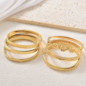 glossy waterproof <b>engraved</b> heart star floral crystal chain bamboo 18k gold plated stainless steel stackable designer <b>bangle</b> set - Product Image 4