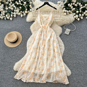 Vestido Longo de Verão para Mulheres com Alças Finas, Decote em V, Estampa <span class=keywords><strong>Floral</strong></span> e Renda, Modelo A-line Fluido - Product Image 1