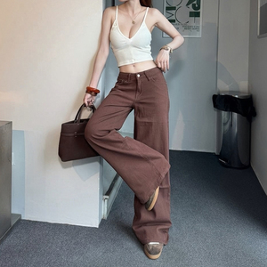 Jeans da <span class=keywords><strong>Donna</strong></span> <span class=keywords><strong>Marroni</strong></span> Vintage con Cerniera, Stile Casual, Gamba Dritta, Vita Media, in Denim Traspirante, per la Stagione Autunnale - Product Image 3