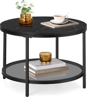 Table basse circulaire moderne à 2 niveaux avec dessus en faux marbre, étagère de rangement en verre, petite table basse ronde avec panneau en bois, style design
