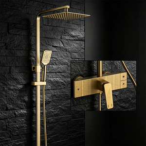 Système <span class=keywords><strong>de</strong></span> <span class=keywords><strong>douche</strong></span> WEIHAO en laiton brossé doré non revêtu, avec pommeau <span class=keywords><strong>de</strong></span> <span class=keywords><strong>douche</strong></span> carré, douchette à main et <span class=keywords><strong>barre</strong></span> coulissante réglable - Product Image 2
