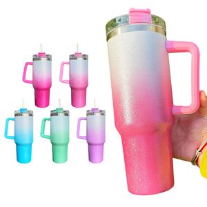 Vasos de Viaje de Acero Inoxidable con Purpurina Holográfica Arcoíris, Decorados con Diamantes, Sublimables, de 40 oz, con Asa - Product Image 1